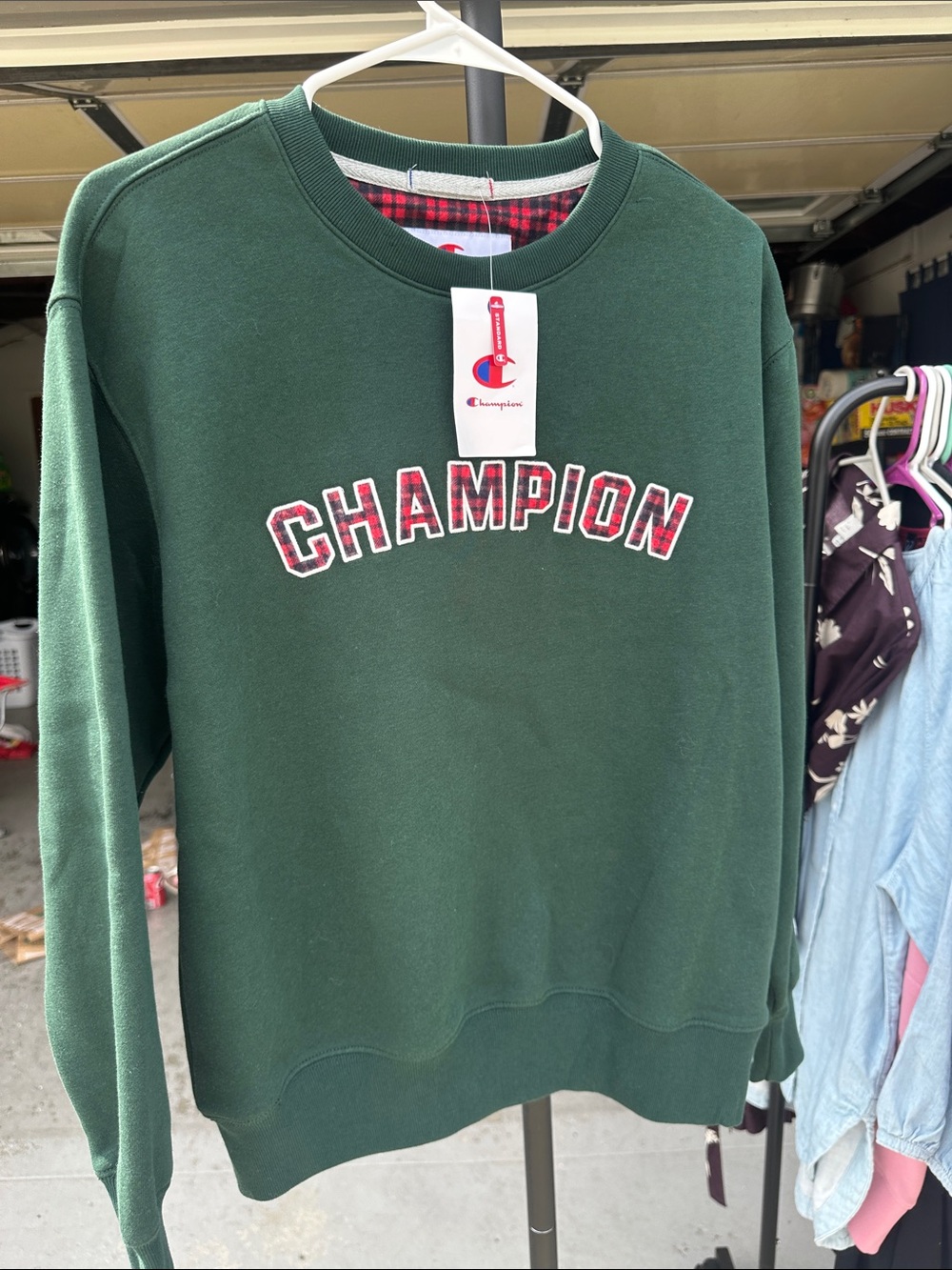 Champion Green Crewneck Sweatshirt with Red Plaid Logo